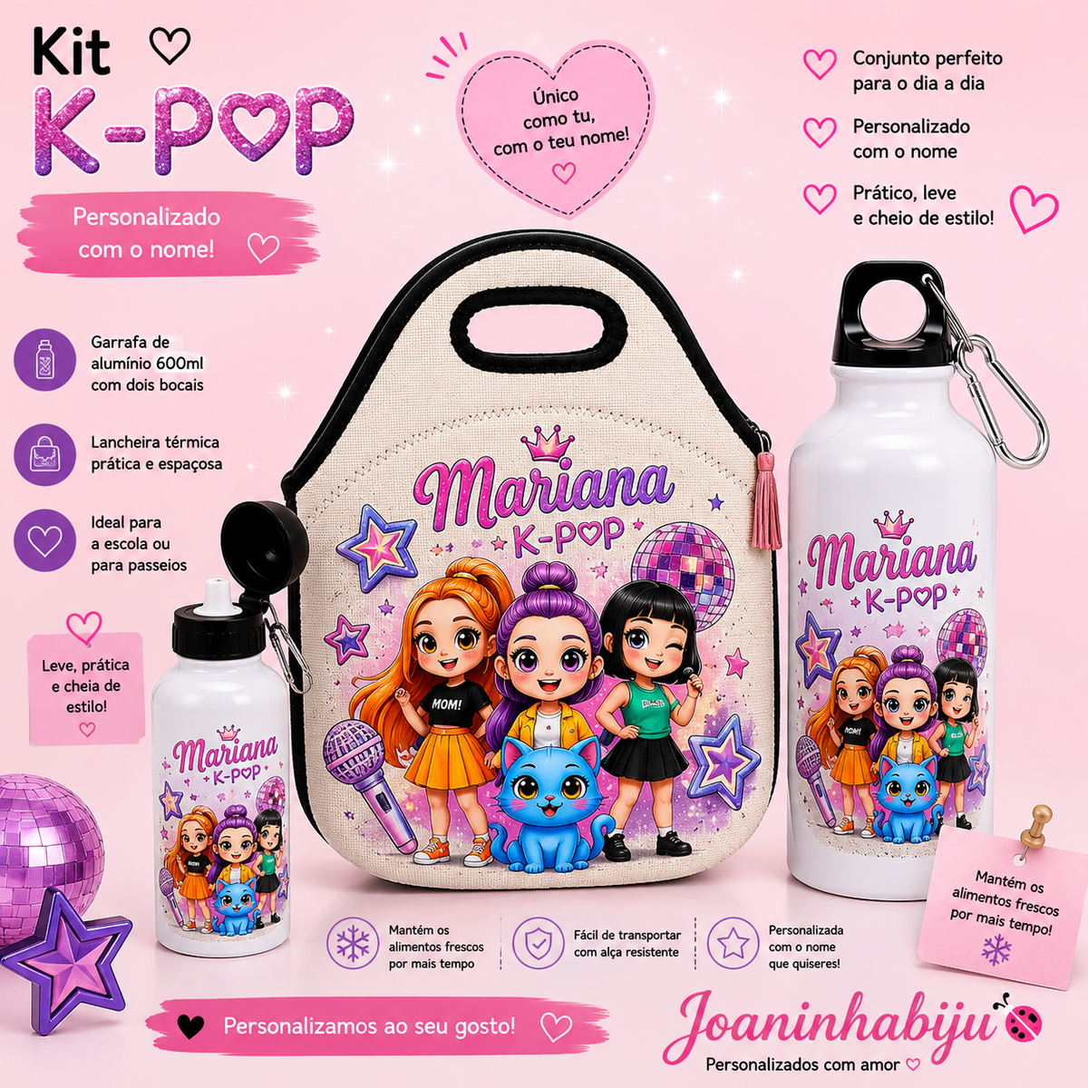 Kit Personalizado com Nome – Lancheira Térmica + Garrafa de Alumínio 600ml