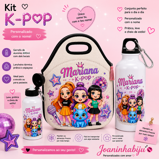 Kit Personalizado com Nome – Lancheira Térmica + Garrafa de Alumínio 600ml